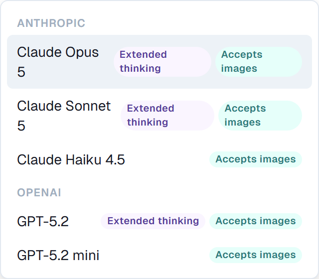 The model menu grouped by vendor, with Extended thinking and Accepts images badges