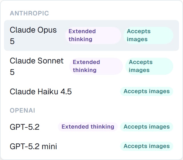 The model menu grouped by vendor, with Extended thinking and Accepts images badges