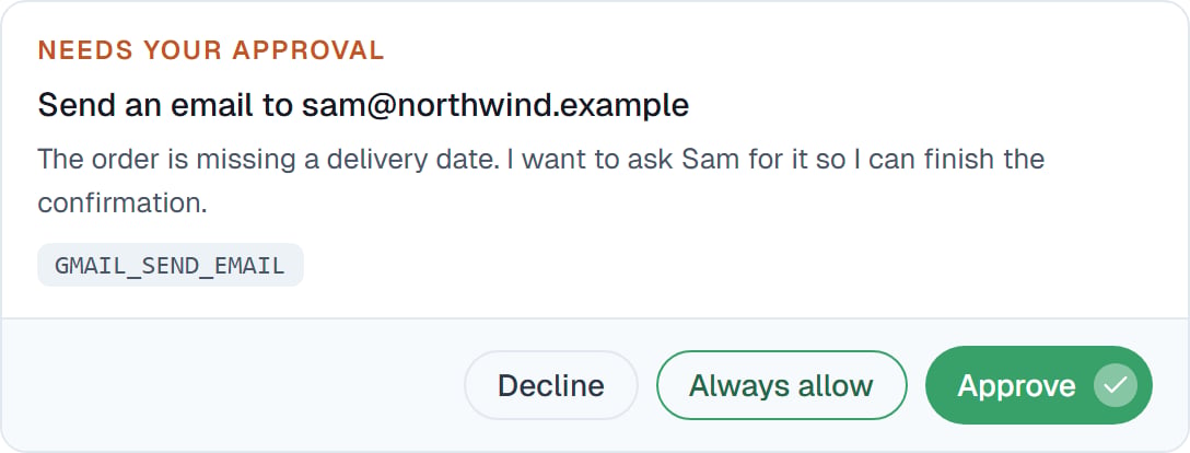 An approval card showing the recipient, the coworker's reason, and Decline, Always allow and Approve buttons