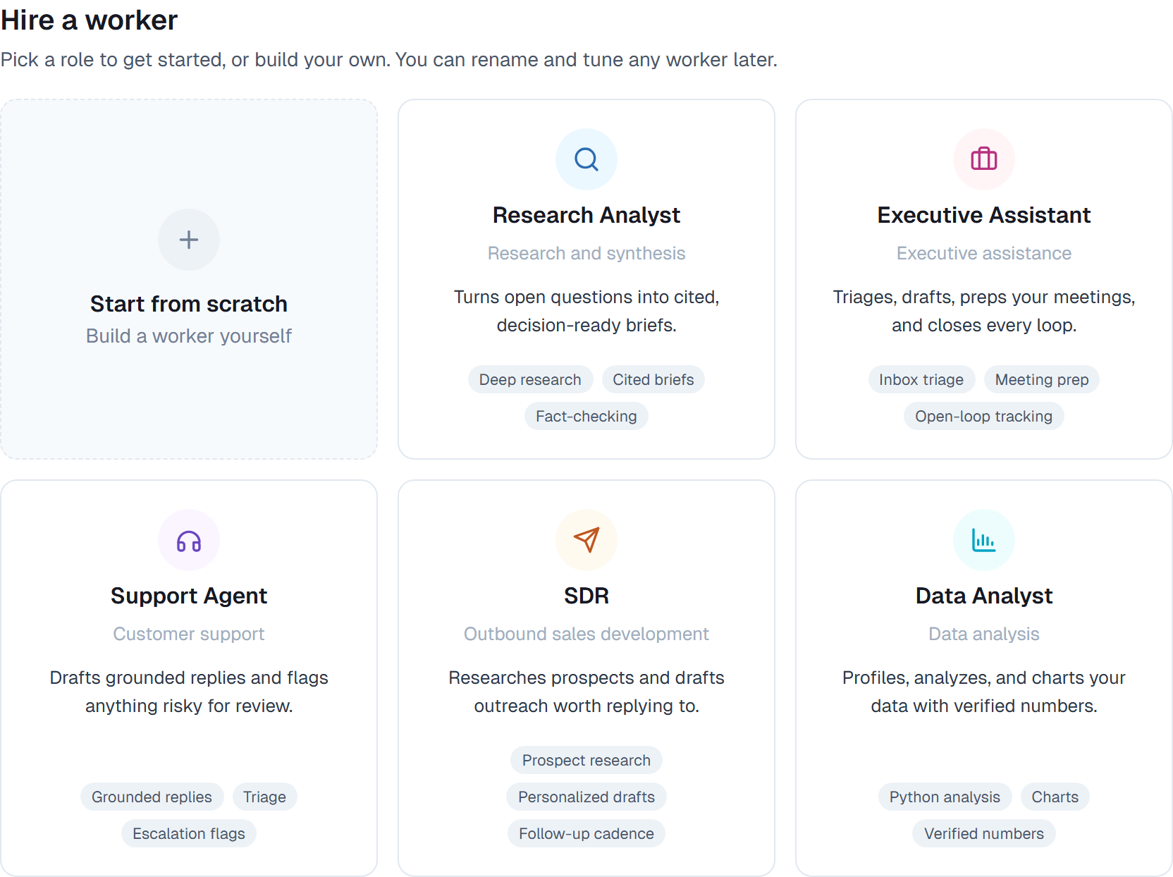 The hire gallery showing the five ready-made coworker cards and Start from scratch