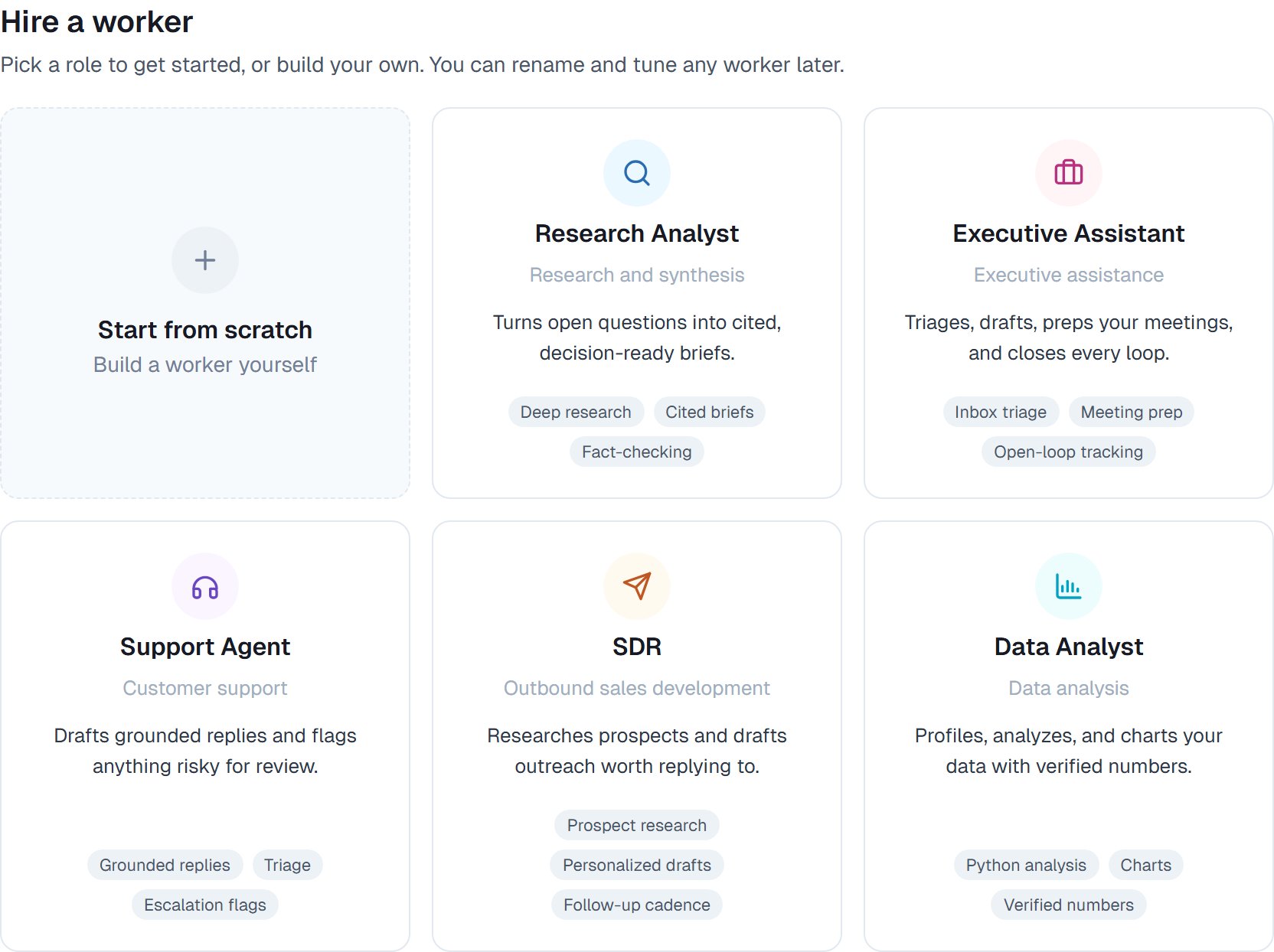 The hire gallery showing the five ready-made coworker cards and Start from scratch