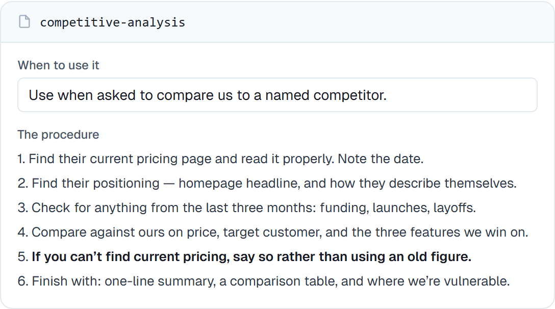 A skill open in the editor, showing its when-to-use description and its numbered procedure