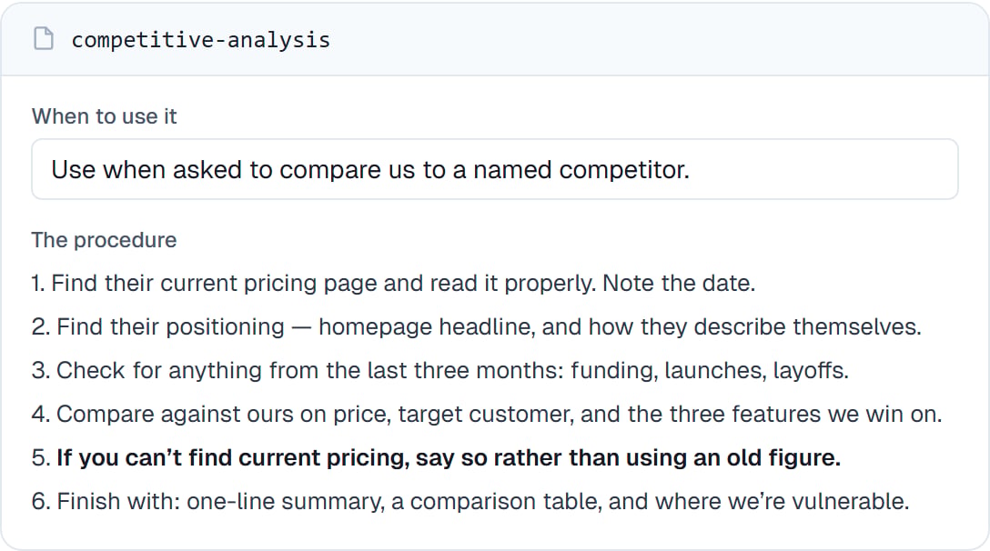 A skill open in the editor, showing its when-to-use description and its numbered procedure