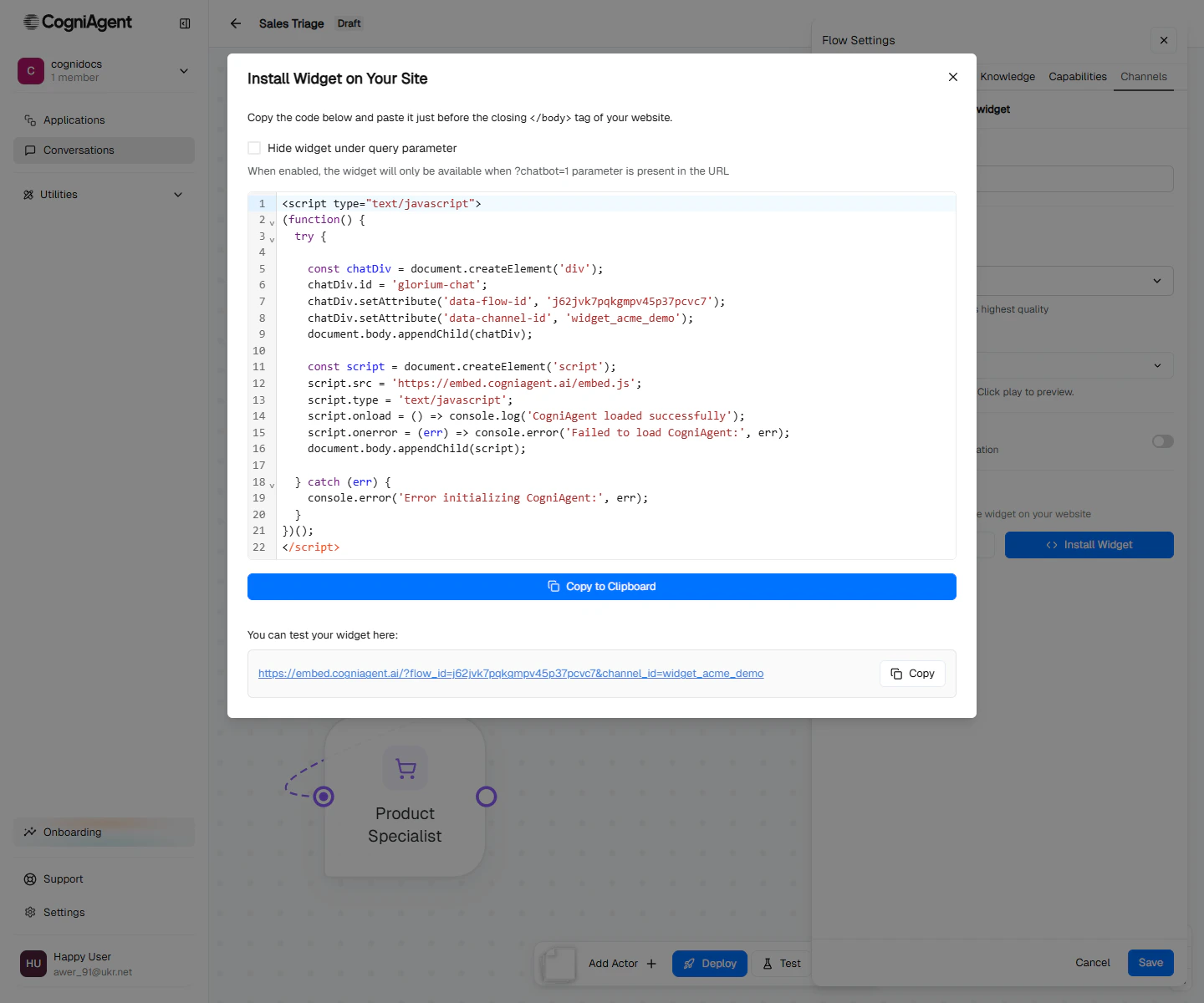 Install Widget dialog with the embed script and the test link