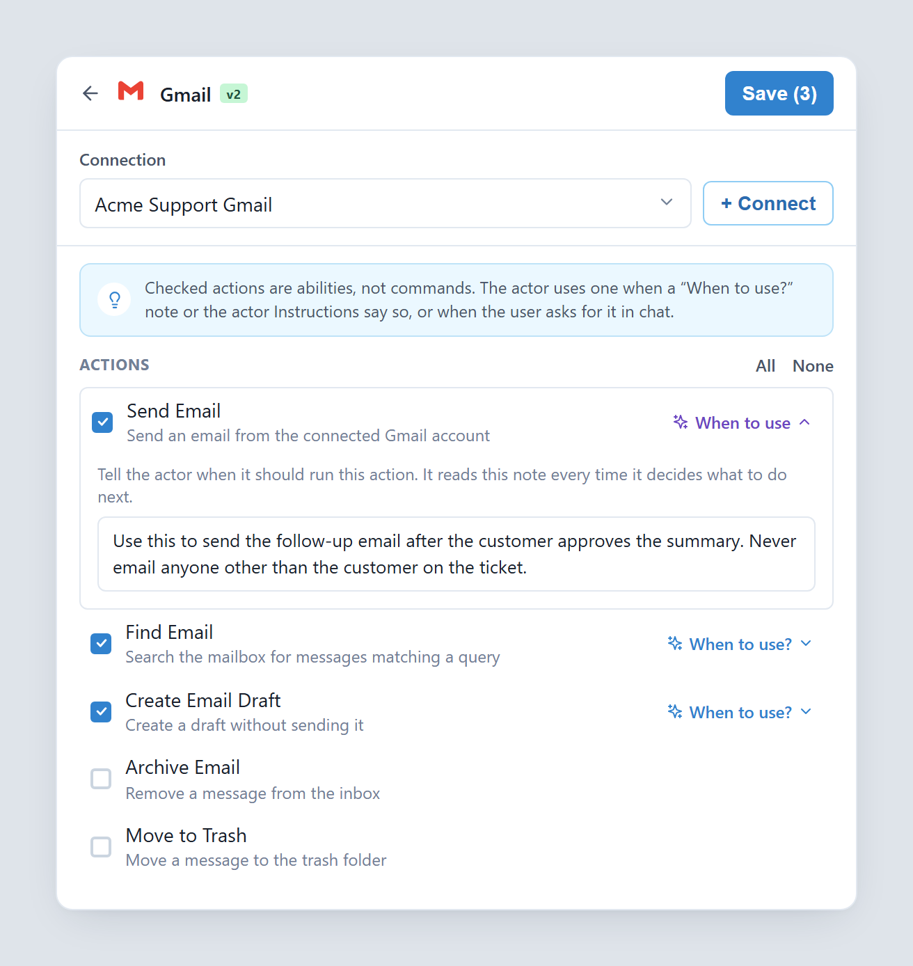 Gmail action selection with a When to use note expanded