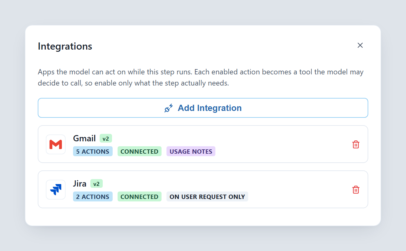 Integrations panel with Gmail and Jira bound to the node