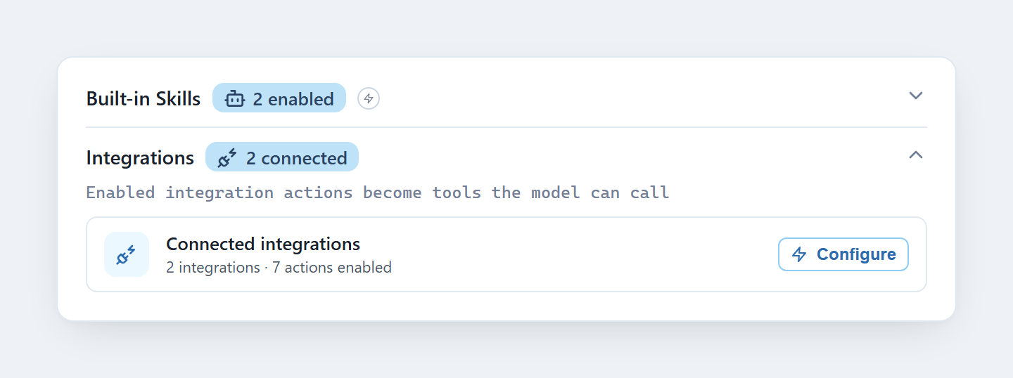 Ask AI node config panel with the Integrations section expanded