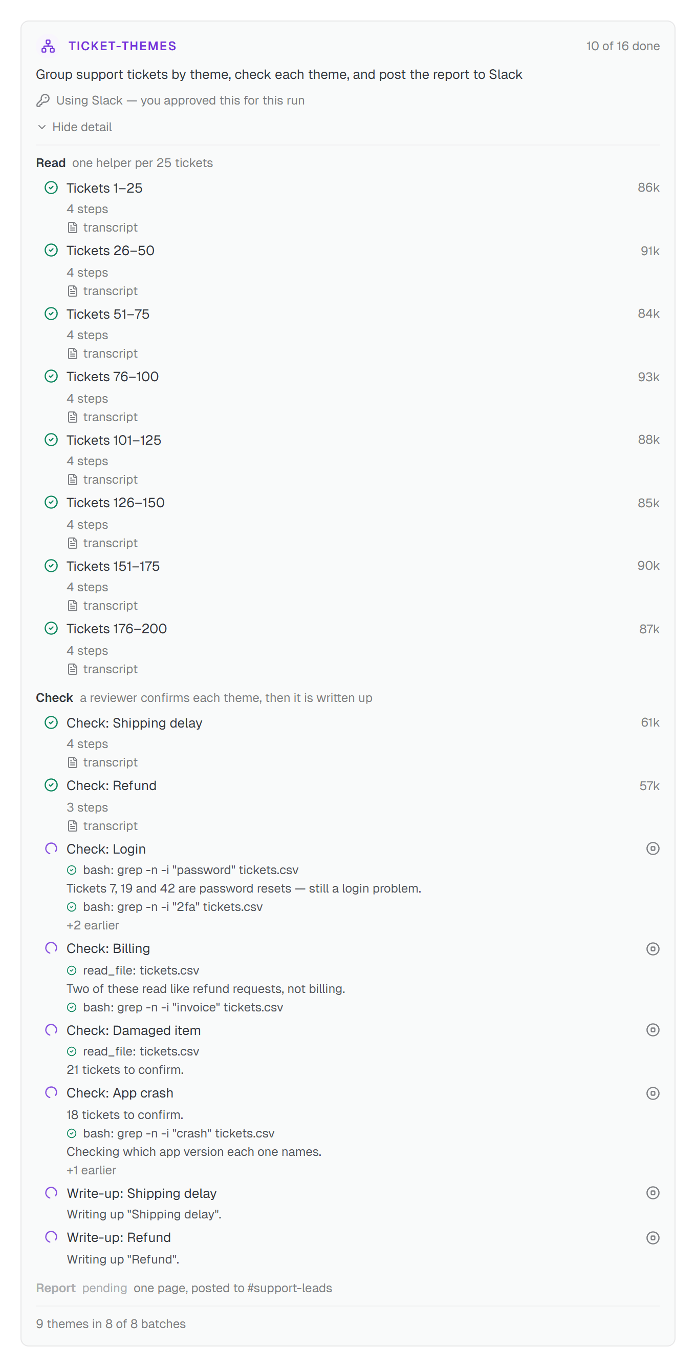 The ticket-themes run card: Read finished, Check rows showing their latest steps, a stop icon on a working row, a note reading 9 themes in 8 of 8 batches, and a line confirming Slack was approved for this run