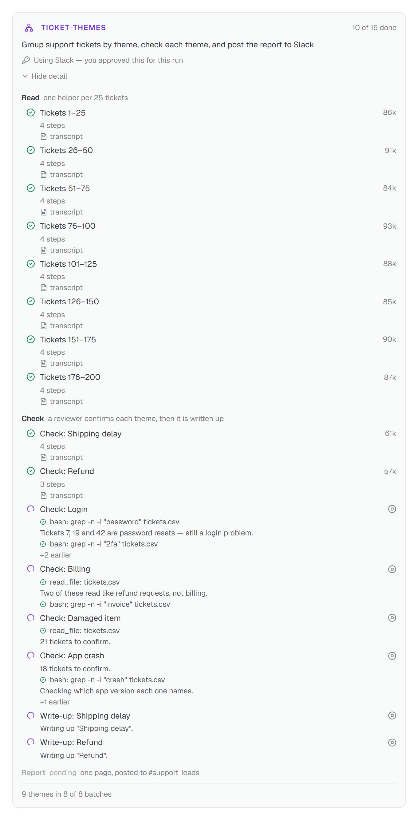 The ticket-themes run card: Read finished, Check rows showing their latest steps, a stop icon on a working row, a note reading 9 themes in 8 of 8 batches, and a line confirming Slack was approved for this run