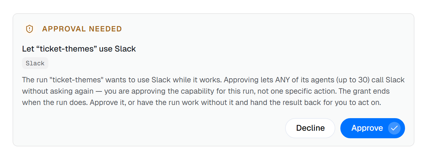 An approval card headed Let “ticket-themes” use Slack, with only Decline and Approve buttons and no Always allow