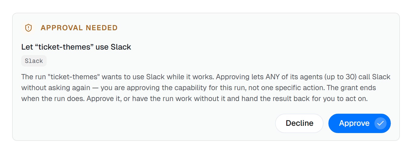 An approval card headed Let “ticket-themes” use Slack, with only Decline and Approve buttons and no Always allow