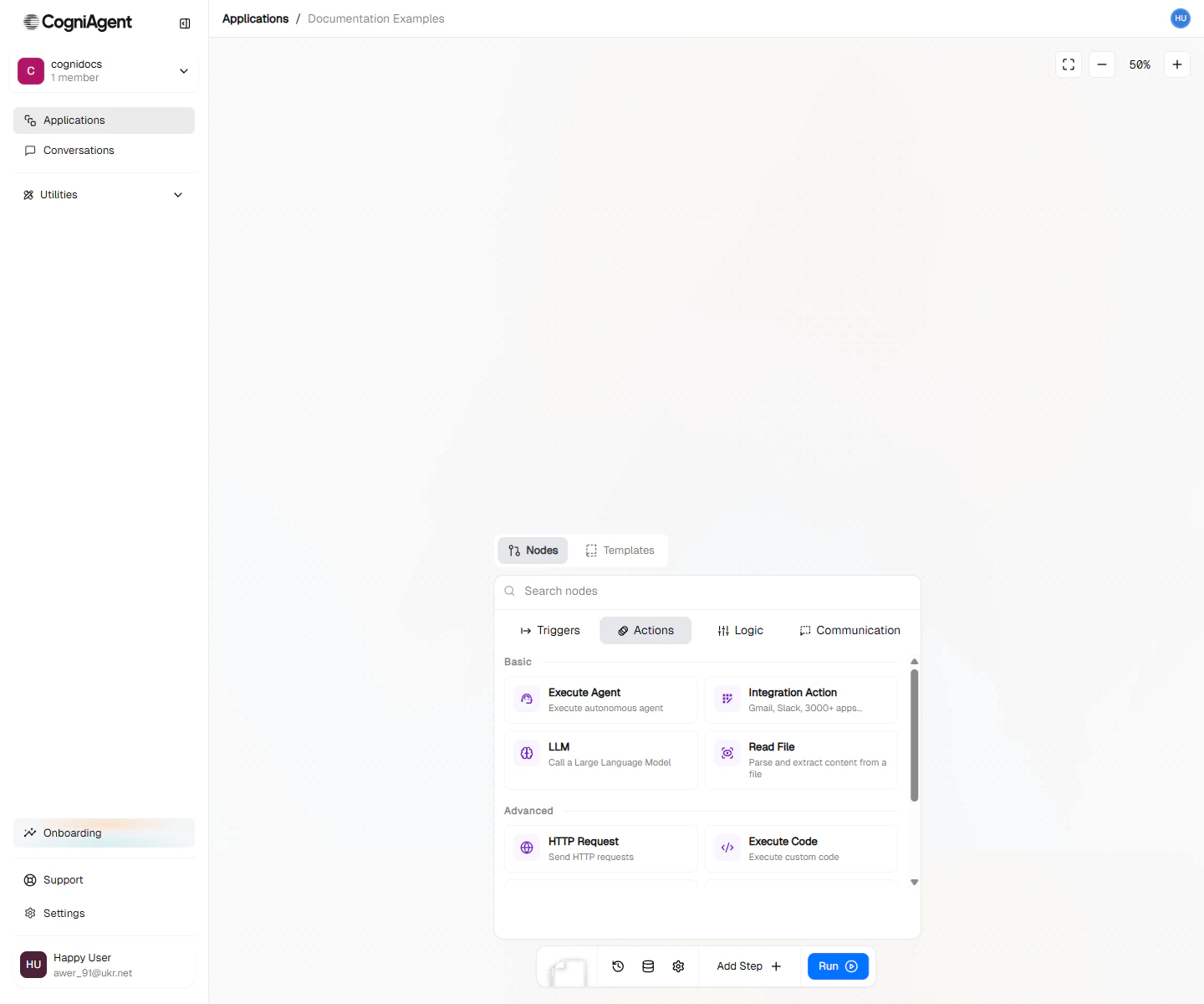 Add Step picker showing actions