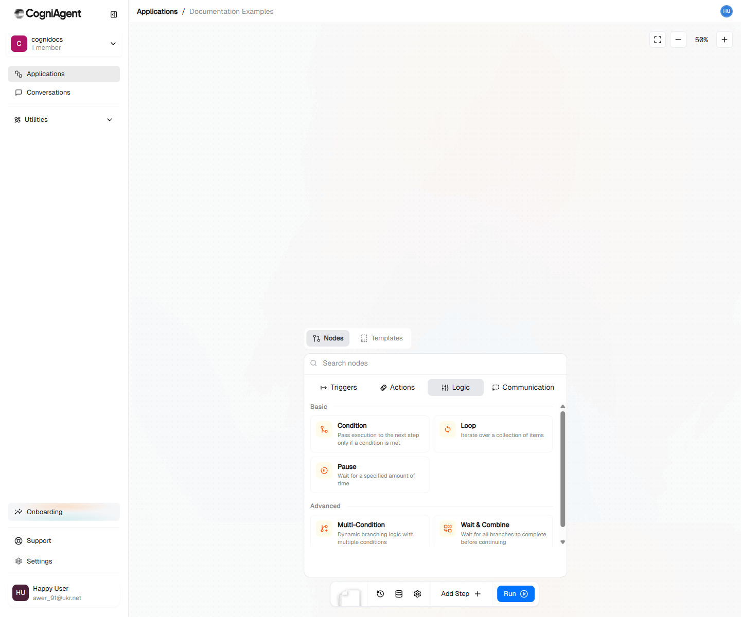 Add Step picker showing logic nodes