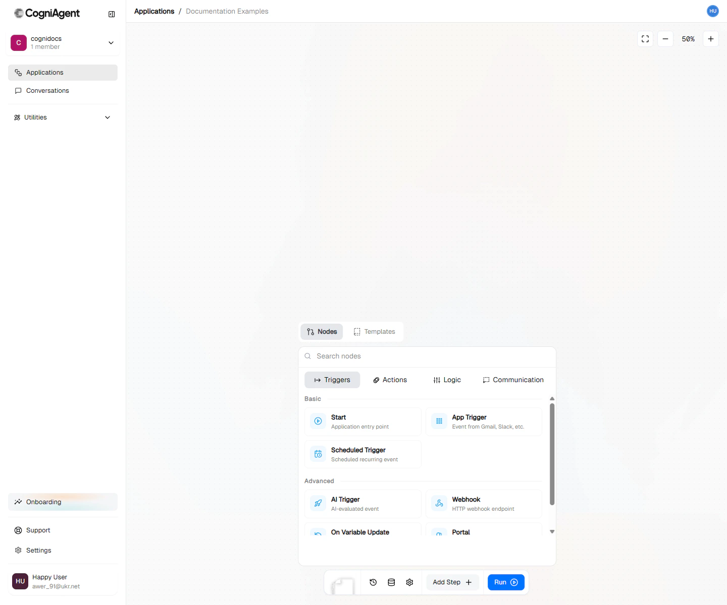 Add Step picker showing triggers