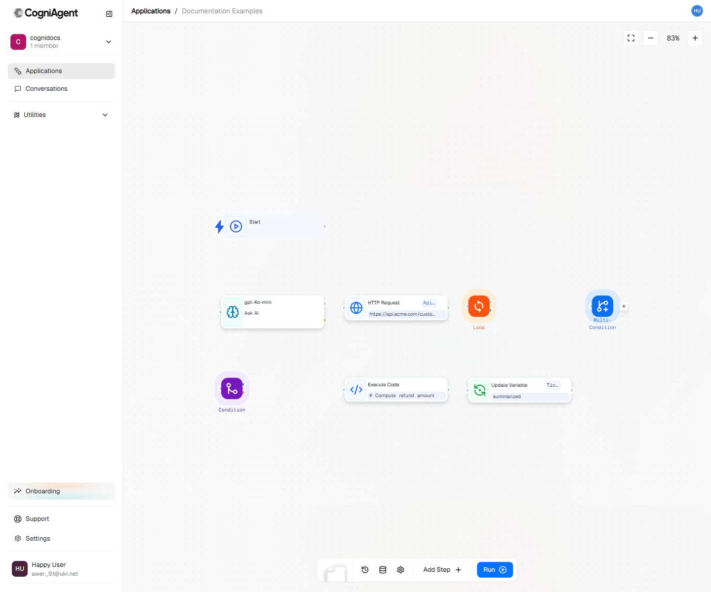 Workflow canvas with mixed node types