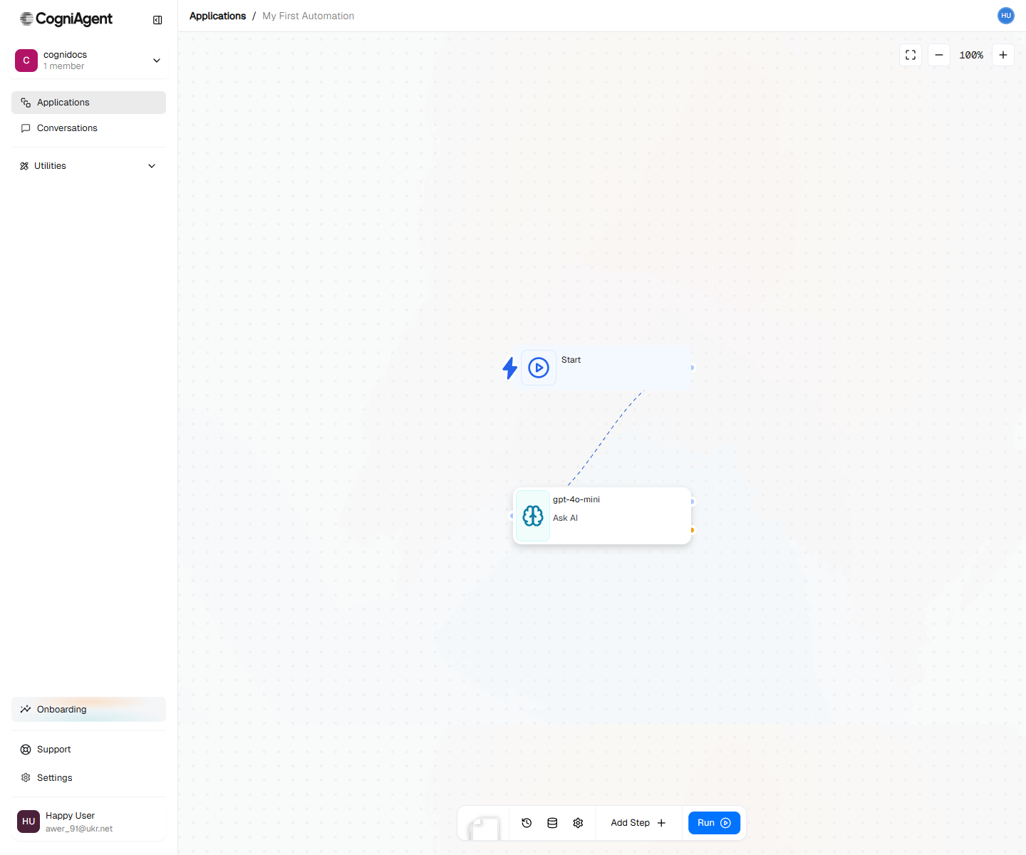 Quickstart workflow canvas