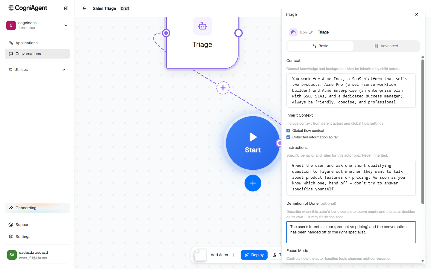Focus mode segmented control in actor config