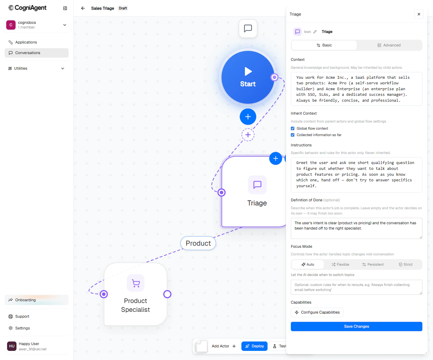 Triage actor config filled in