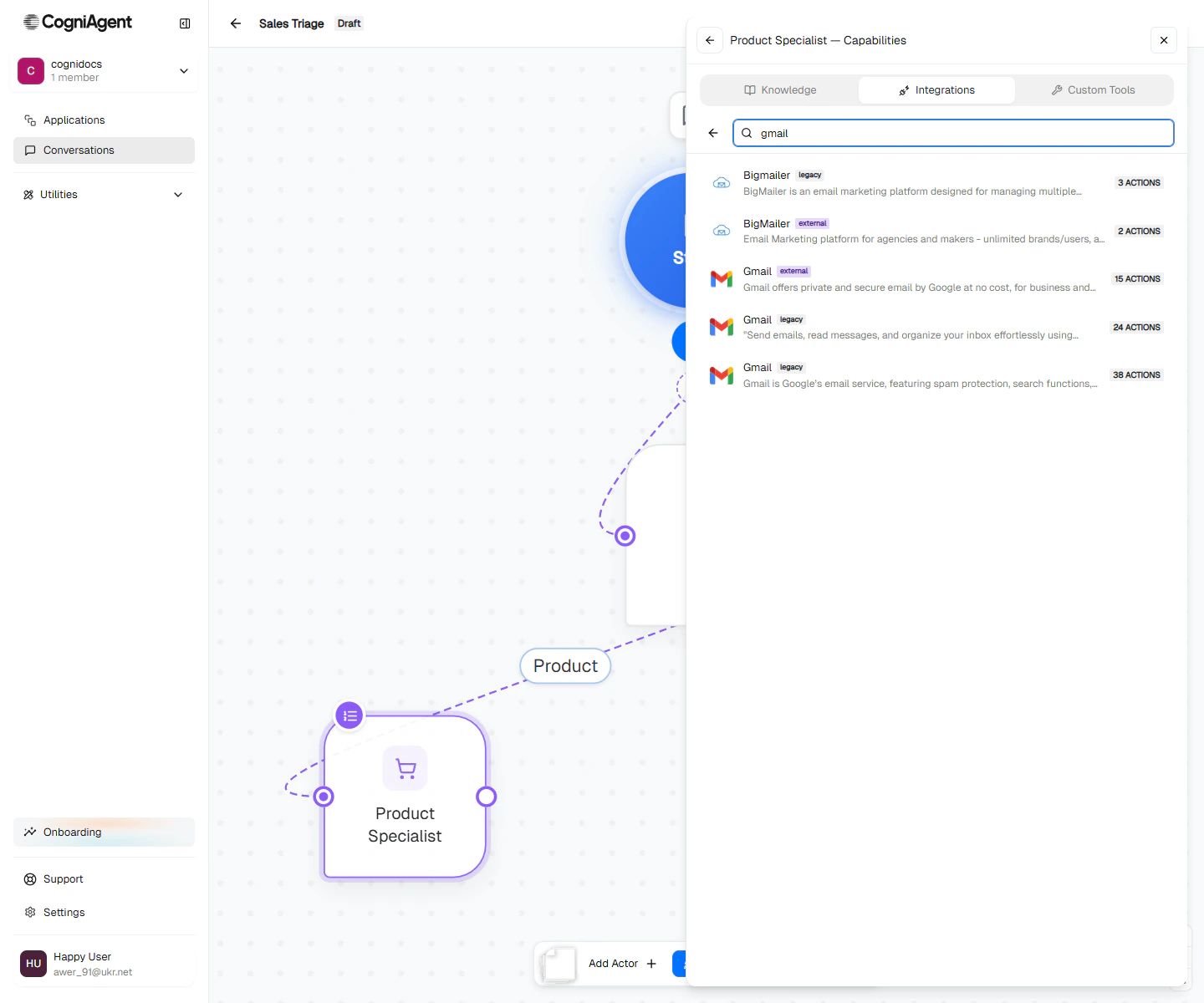Integration app picker filtered to Gmail