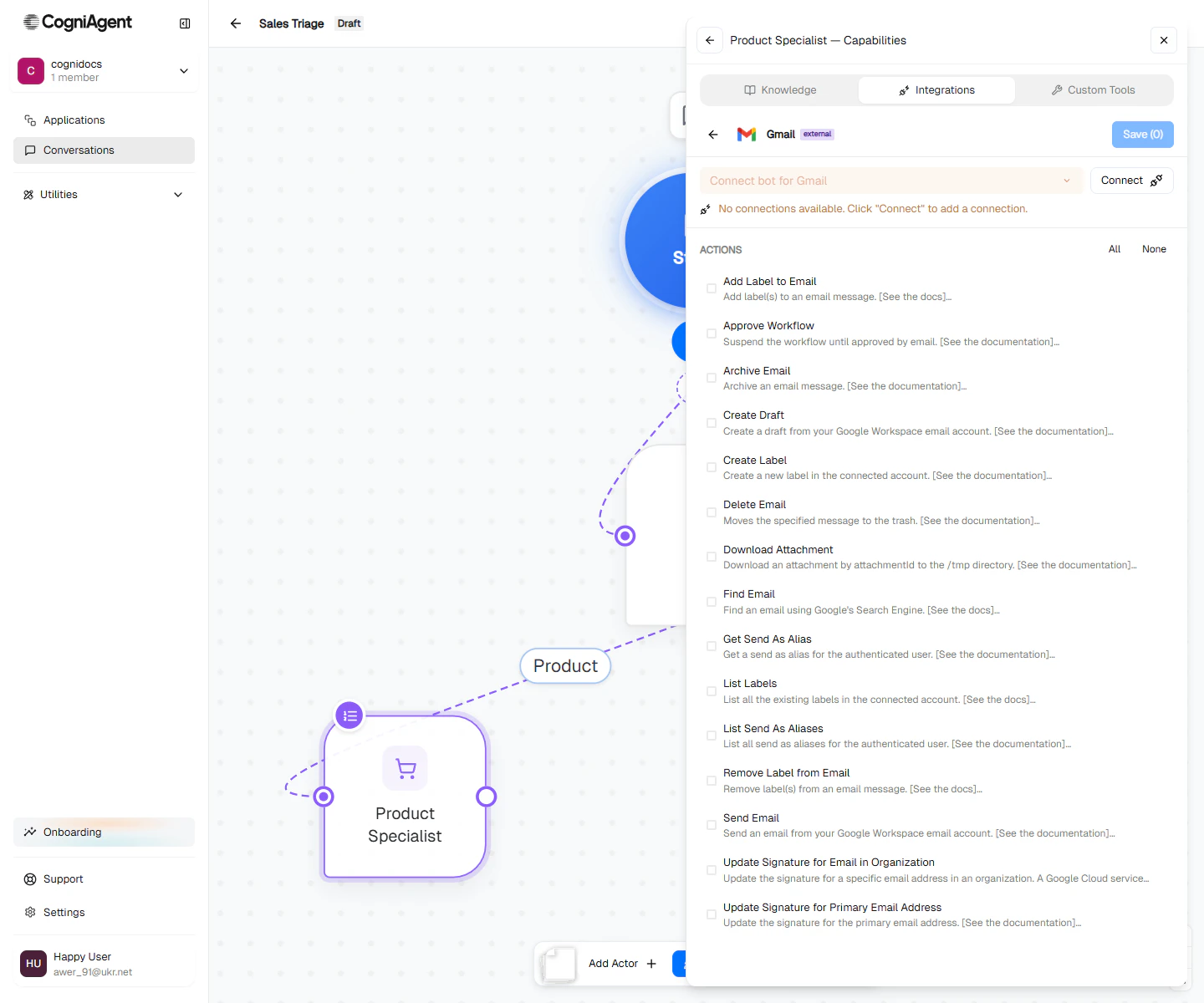 Gmail actions selector
