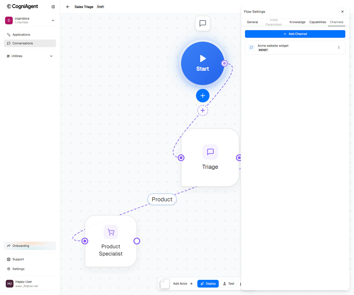 Channels tab on Start node showing the widget channel configured