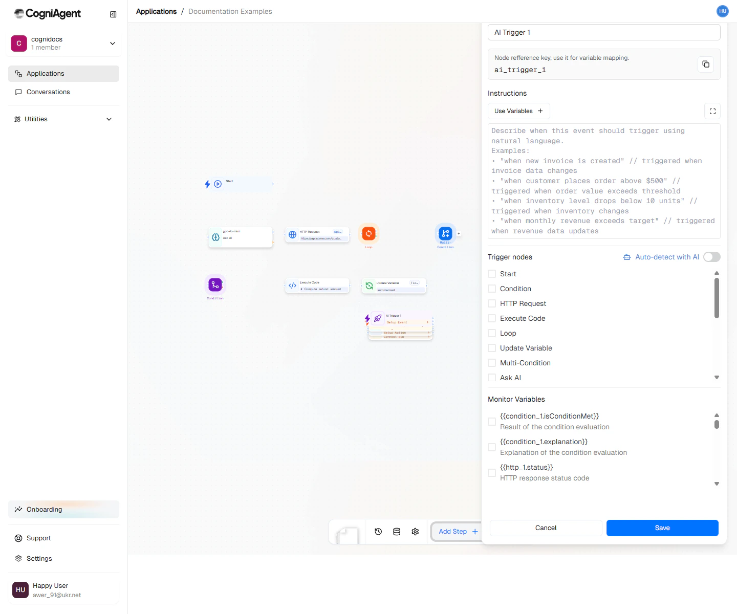 AI Trigger node configuration form