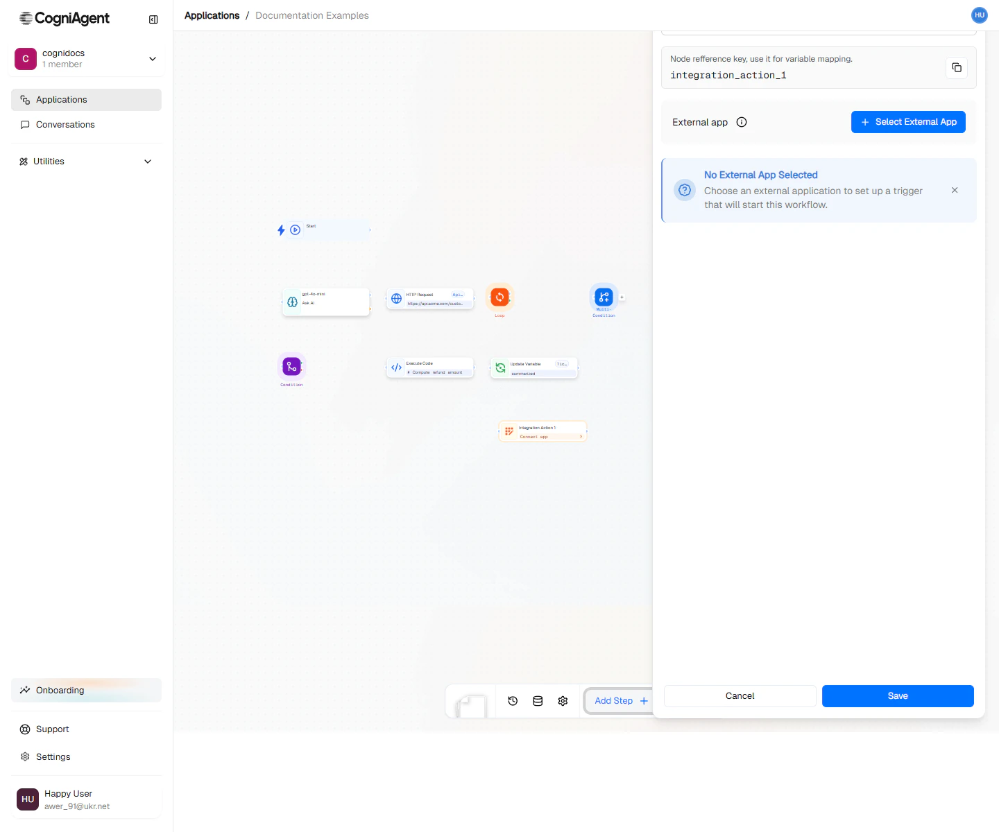 App Action node configuration form