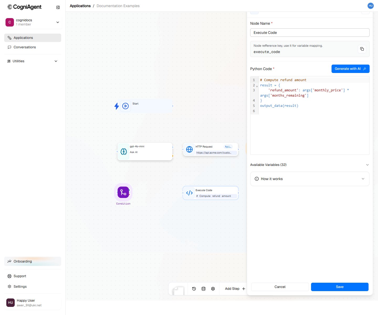 Execute Code node configuration form