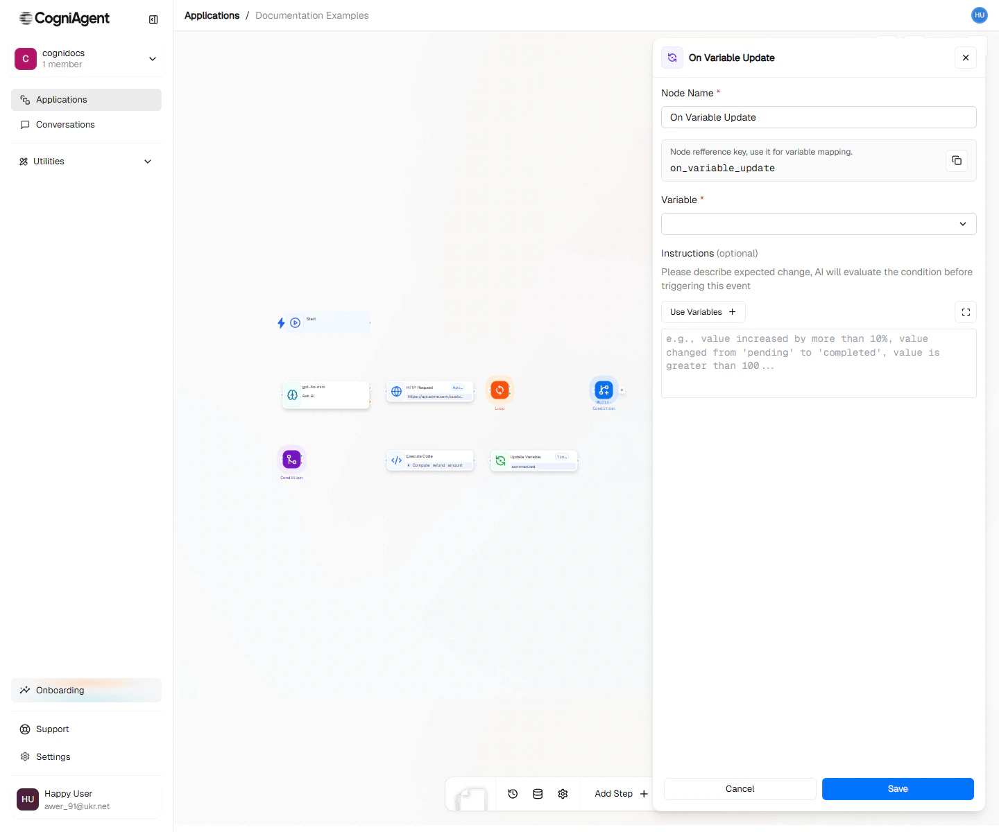 On Variable Update node configuration form