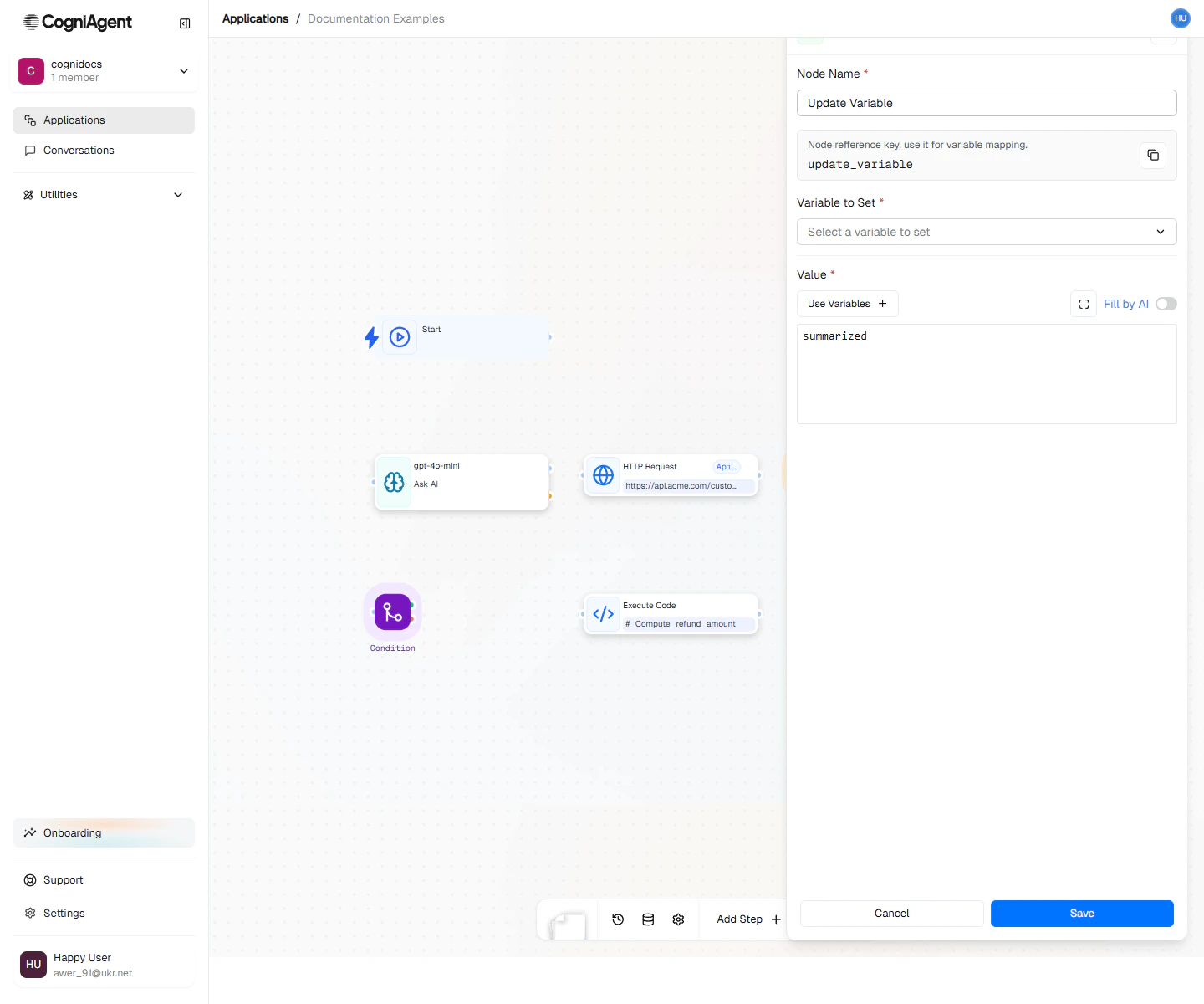 Update Variable node configuration form