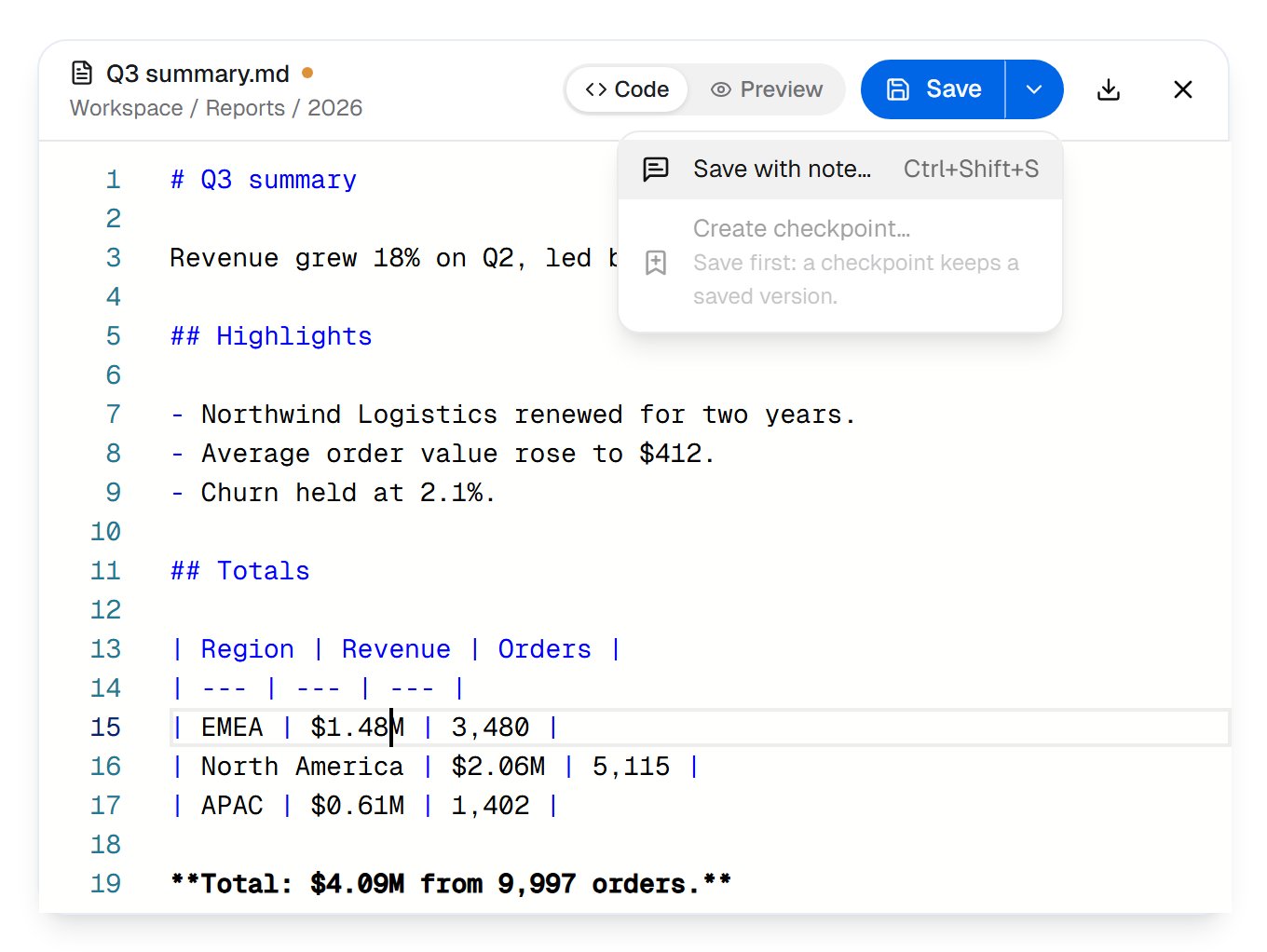 The editor showing Q3 summary.md with an unsaved-changes dot, Code and Preview, the Save button and its menu offering Save with note… and a disabled Create checkpoint… that says to save first