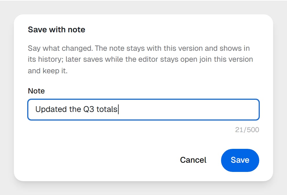 The Save with note dialog with the note Updated the Q3 totals typed in