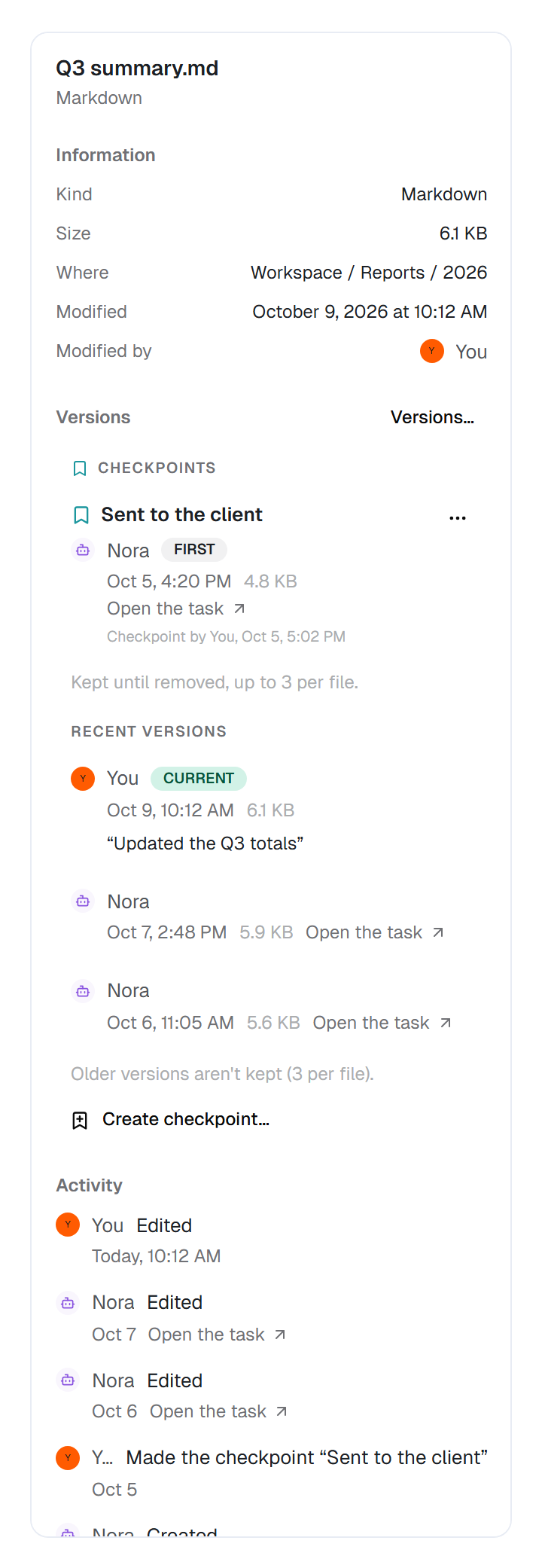 The Details pane for Q3 summary.md: Information, a Checkpoints group with Sent to the client, three recent versions by You and Nora with Open the task links and the note Updated the Q3 totals, and the Activity list