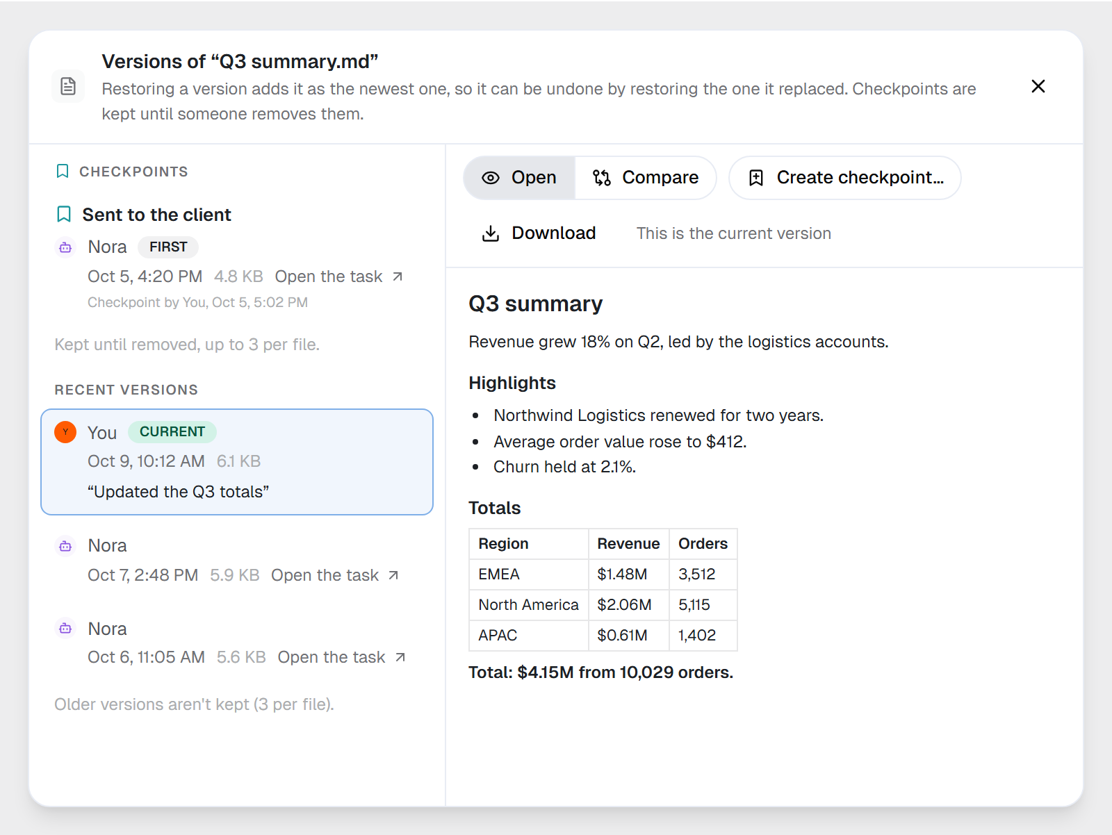 The Versions dialog of Q3 summary.md, with the checkpoint Sent to the client, three recent versions, the note Older versions aren't kept (3 per file), and the current version open