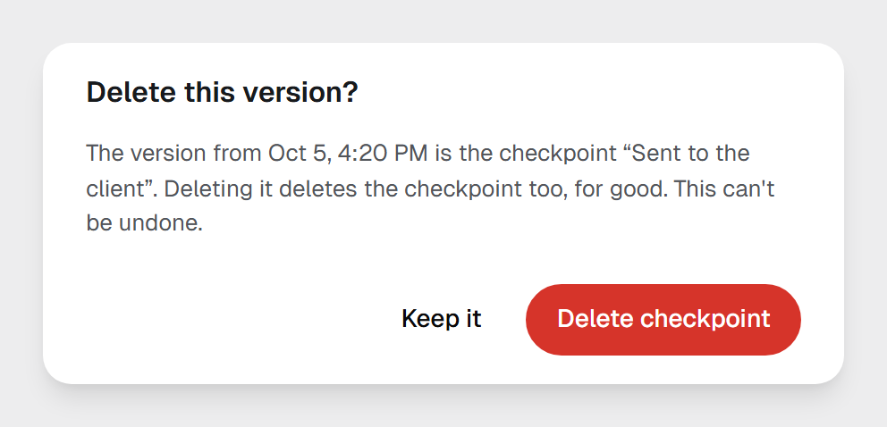 The Delete this version? dialog naming the checkpoint Sent to the client, with Keep it and Delete checkpoint