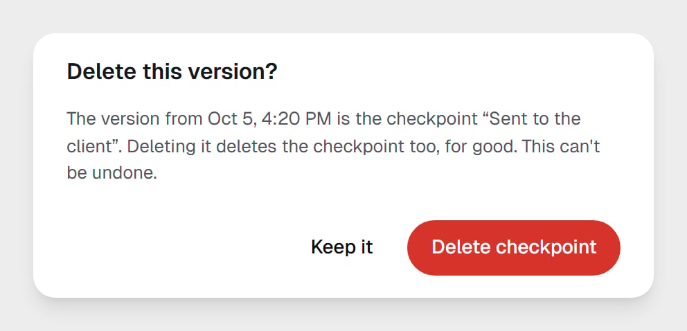 The Delete this version? dialog naming the checkpoint Sent to the client, with Keep it and Delete checkpoint