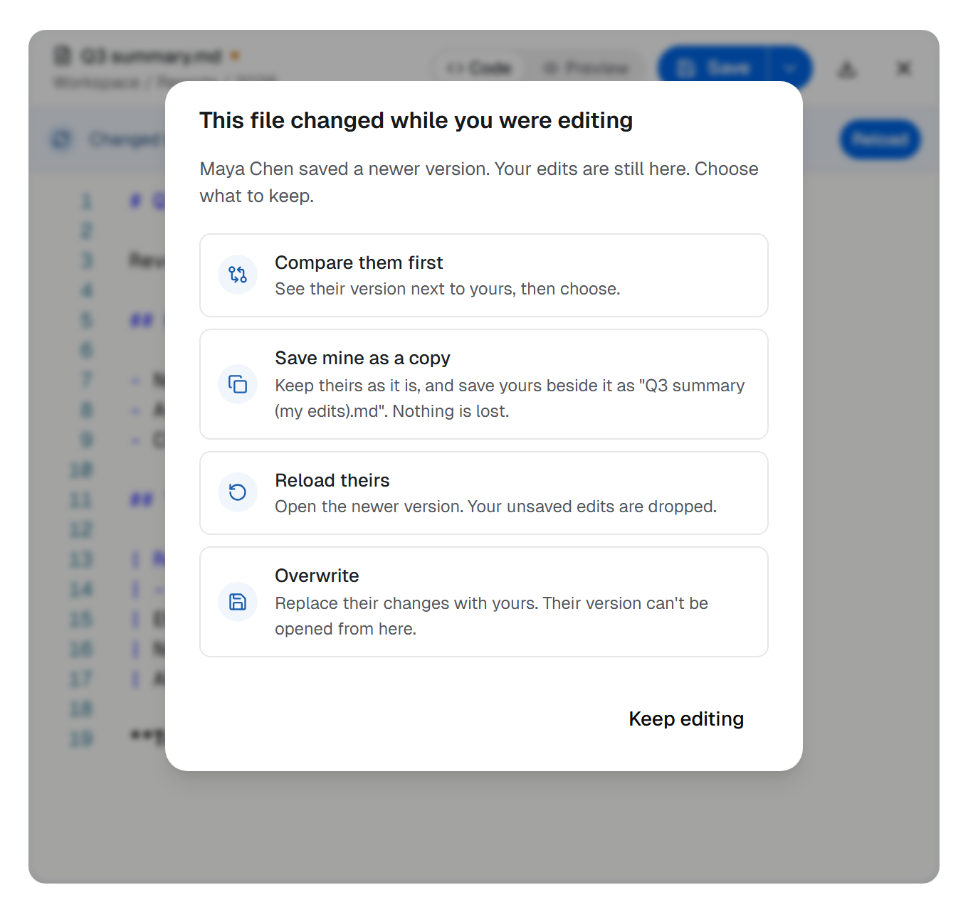 The dialog This file changed while you were editing, offering Compare them first, Save mine as a copy, Reload theirs and Overwrite, over the editor and its Changed by Maya Chen notice