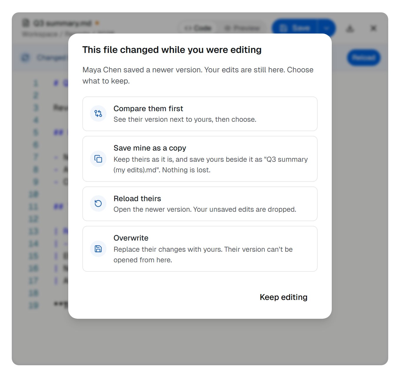 The dialog This file changed while you were editing, offering Compare them first, Save mine as a copy, Reload theirs and Overwrite, over the editor and its Changed by Maya Chen notice