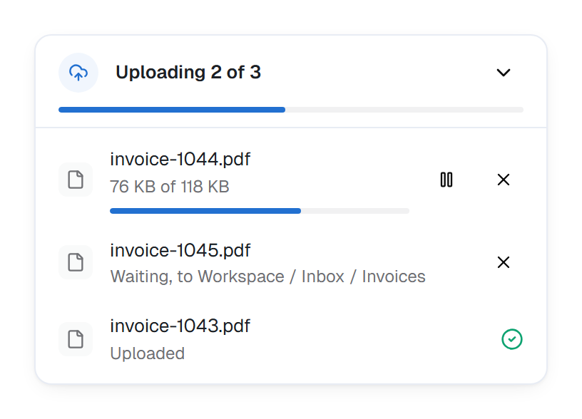The upload tray reading Uploading 2 of 3, with invoice-1044.pdf at 76 KB of 118 KB, invoice-1045.pdf waiting, and invoice-1043.pdf uploaded