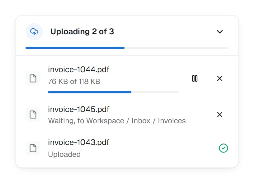 The upload tray reading Uploading 2 of 3, with invoice-1044.pdf at 76 KB of 118 KB, invoice-1045.pdf waiting, and invoice-1043.pdf uploaded