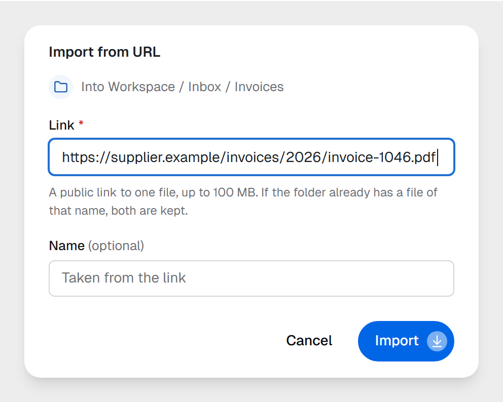 The Import from URL dialog importing a supplier's PDF link into Workspace, Inbox, Invoices