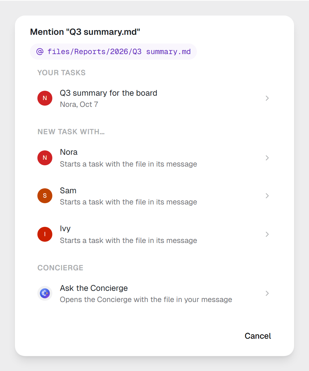 The Mention dialog for Q3 summary.md with the mention @files/Reports/2026/Q3 summary.md, a task under Your tasks, Nora, Sam and Ivy under New task with…, and Ask the Concierge