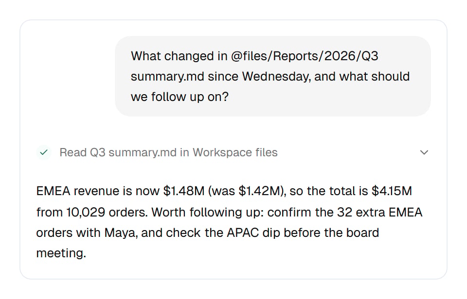 A Concierge chat: the question names @files/Reports/2026/Q3 summary.md, a step reads the file in Workspace files, and the answer gives the new EMEA figure and two follow-ups