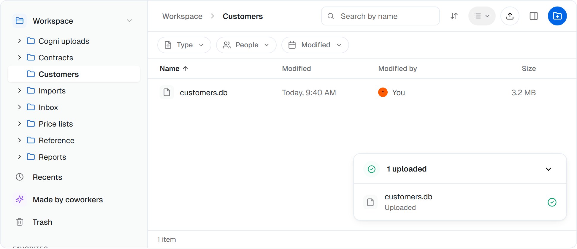The Files page with the Customers folder open and customers.db just uploaded