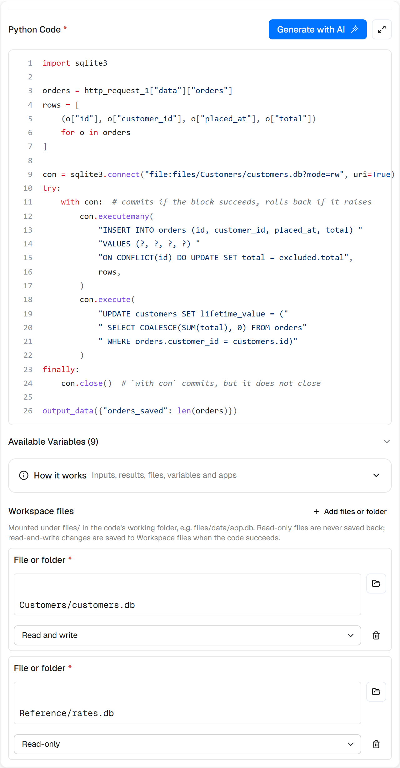 The Execute Code step with the sync code in the editor and two mounts: Customers/customers.db Read and write, Reference/rates.db Read-only