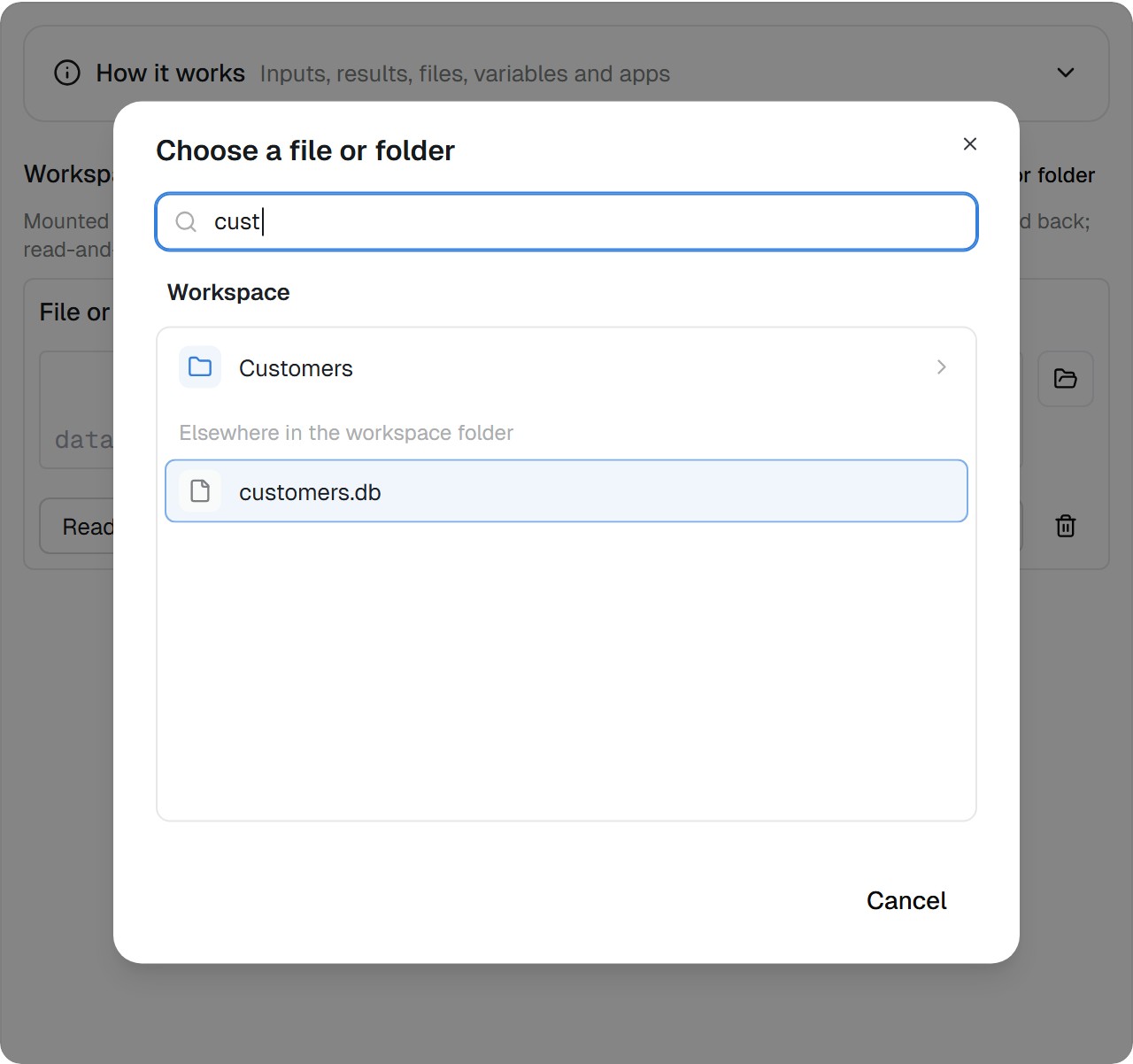 The Choose a file or folder dialog with cust typed and customers.db highlighted under Elsewhere in the workspace folder