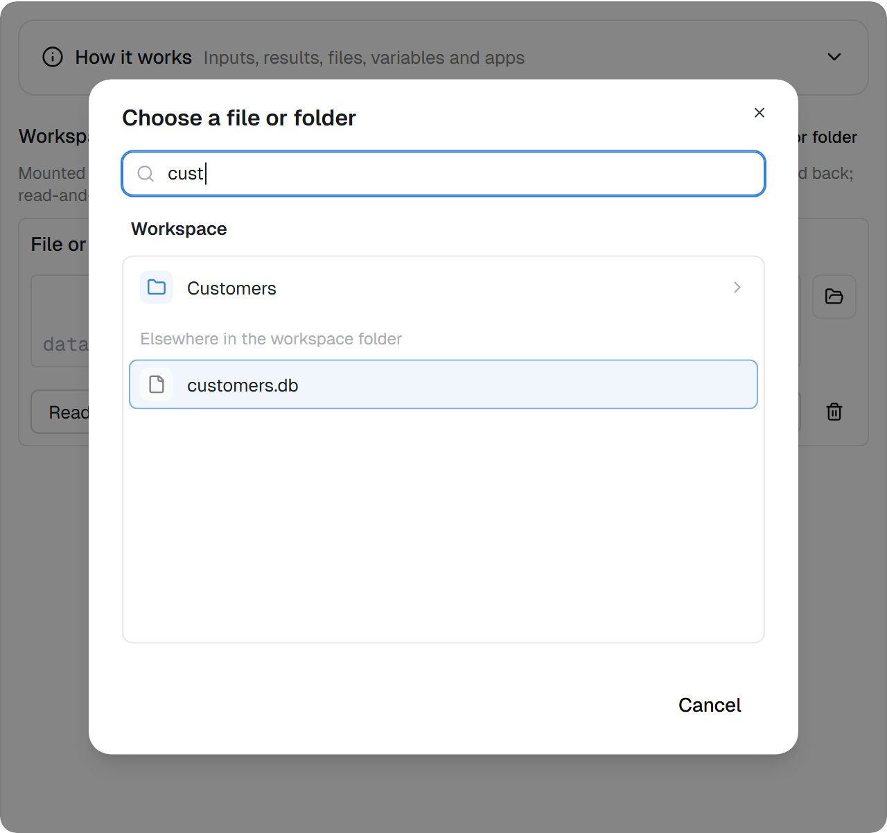 The Choose a file or folder dialog with cust typed and customers.db highlighted under Elsewhere in the workspace folder