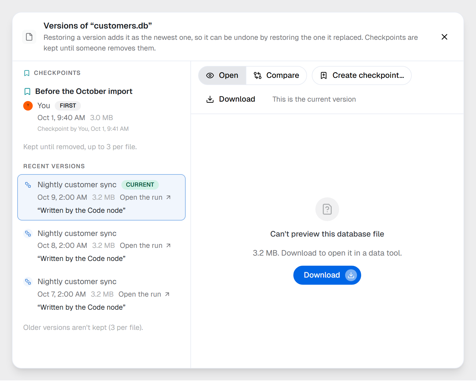 The Versions dialog of customers.db: three recent versions by Nightly customer sync, each with the note Written by the Code node and Open the run, and the checkpoint Before the October import on your upload
