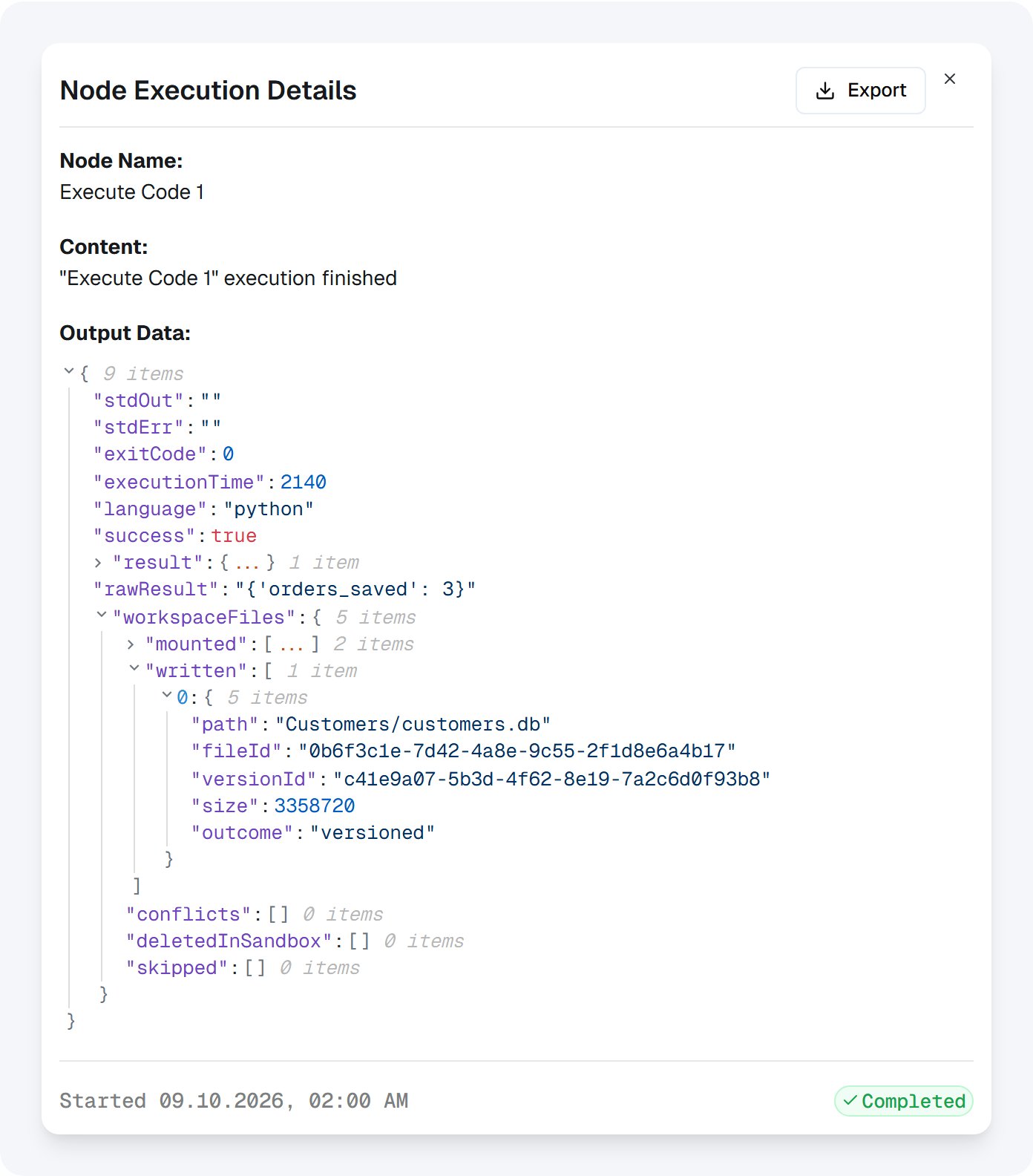 Node Execution Details with workspaceFiles expanded: written holds Customers/customers.db with outcome versioned