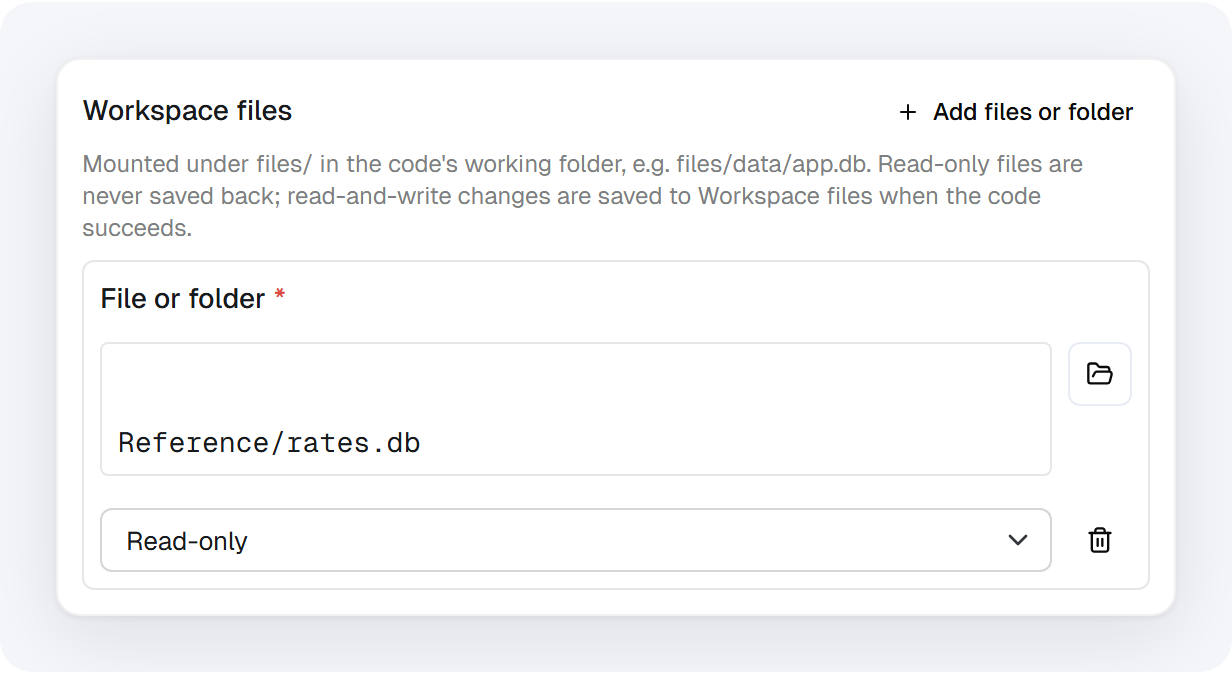 A Workspace files row with Reference/rates.db and Read-only selected